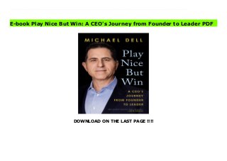 DOWNLOAD ON THE LAST PAGE !!!!
Download Here https://ebooklibrary.solutionsforyou.space/?book=0593087747 From Michael Dell, renowned founder and chief executive of one of America's largest technology companies, the inside story of the battles that defined him as a leader In 1984, soon-to-be college dropout Michael Dell hid signs of his fledgling PC business in the bathroom of his University of Texas dorm room. Almost 30 years later, at the pinnacle of his success as founder and leader of Dell Technologies, he found himself embroiled in a battle for his company's survival. What he'd do next could ensure its legacy--or destroy it completely.Play Nice But Win is a riveting account of the three battles waged for Dell Technologies: one to launch it, one to keep it, and one to transform it. For the first time, Dell reveals the highs and lows of the company's evolution amidst a rapidly changing industry--and his own, as he matured into the CEO it needed. With humor and humility, he recalls the mentors who showed him how to turn his passion into a business the competitors who became friends, foes, or both and the sharks that circled, looking for weakness. What emerges is the long-term vision underpinning his success: that technology is ultimately about people and their potential.More than an honest portrait of a leader at a crossroads, Play Nice But Win is a survival story proving that while anyone with technological insight and entrepreneurial zeal might build something great--it takes a leader to build something that lasts. Download Online PDF Play Nice But Win: A CEO's Journey from Founder to Leader Download PDF Play Nice But Win: A CEO's Journey from Founder to Leader Read Full PDF Play Nice But Win: A CEO's Journey from Founder to Leader
E-book Play Nice But Win: A CEO's Journey from Founder to Leader PDF
 