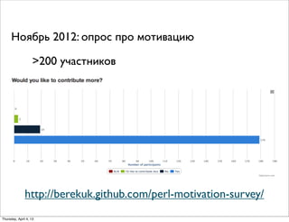 Ноябрь 2012: опрос про мотивацию
>200 участников
http://berekuk.github.com/perl-motivation-survey/
Thursday, April 4, 13
 