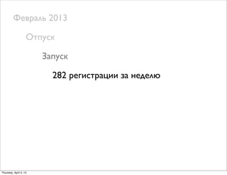 Февраль 2013
Отпуск
Запуск
282 регистрации за неделю
Thursday, April 4, 13
 