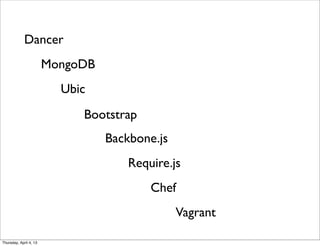 Ubic
Dancer
MongoDB
Backbone.js
Require.js
Chef
Vagrant
Bootstrap
Thursday, April 4, 13
 