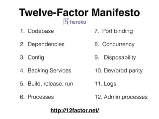 Twelve-Factor Manifesto
1. Codebase
2. Dependencies
3. Conﬁg
4. Backing Services
5. Build, release, run
6. Processes
7. Port binding
8. Concurrency
9. Disposability
10. Dev/prod parity
11. Logs
12. Admin processes
http://12factor.net/
 