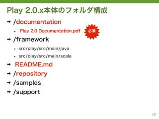 Play 2.0.x本体のフォルダ構成
➡   /documentation
    &bull;   Play 2.0 Documentation.pdf   必須

➡   /framework
    &bull;   src/play/src/main/java

    &bull;   src/play/src/main/scala

➡   README.md
➡   /repository
➡   /samples
➡   /support


                                          17
 