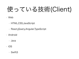 使っている技術(Client)
• Web
• HTML,CSS,JavaScript
• React,jQuery,Angular,TypeScript
• Android
• Java
• iOS
• Swift3
 