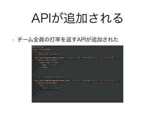 APIが追加される
• チーム全員の打率を返すAPIが追加された
@Singleton
class OutsideApi {
// 複数の選手の打率を返す
def battingAverages(names: Seq[String]): Future[Map[String, Double]] = {
Future.successful(
names.map { name =>
name -> 0.321
}.toMap
)
}
// チームの全選手の打率を返す
def battingAveragesByTeam(name: String): Future[Map[String, Double]] = {
Future.successful(
Map(
"鳥谷" -> 0.321
)
)
}
}
 