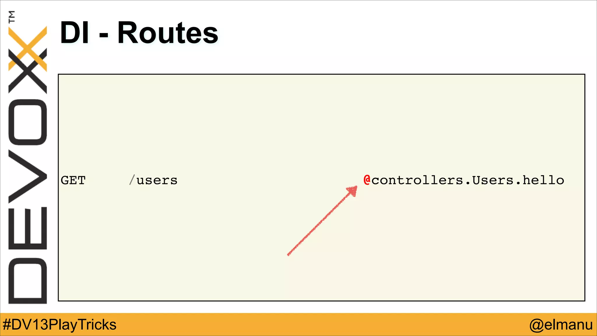 DI - Routes

GET

#DV13PlayTricks

/users

@controllers.Users.hello!

@elmanu

 