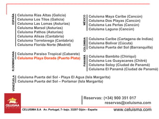 www.celuisma.com Celuisma Rias Altas (Galicia) Celuisma Los Tilos (Galicia) Celuisma Las Lomas (Asturias) Celuisma Marsol (Asturias) Celuisma Pathos (Asturias) Celuisma Alisas (Cantabria) Celuisma Torrelavega (Cantabria) Celuisma Florida Norte (Madrid) Celuisma Maya Caribe (Cancún) Celuisma Dos Playas (Cancún) Celuisma Las Perlas (Cancún) Celuisma Laguna (Cancún) Celuisma Bambito (Chiriquí) Celuisma Los Guayacanes (Chitré) Celuisma Soloy (Ciudad de Panamá) Celuisma El Panamá (Ciudad de Panamá) Celuisma Caribe (Cartagena de Indias) Celuisma Bolivar (Cúcuta) Celuisma Puerta del Sol (Barranquilla) Celuisma Paraiso Tropical (Cabarete) Celuisma Playa Dorada (Puerto Plata) Celuisma Puerta del Sol - Playa El Agua (Isla Margarita) Celuisma Puerta del Sol – Porlamar (Isla Margarita) ESPAÑA MÉXICO PANAMÁ VENEZUELA R.DOMINICANA COLOMBIA CELUISMA S.A  Av. Portugal, 7- bajo. 33207 Gijón - España   Reservas: (+34) 900 351 017  [email_address] 