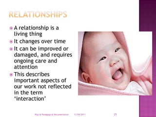 RelationshipsA relationship is a living thingIt changes over timeIt can be improved or damaged, and requires ongoing care and attentionThis describes important aspects of our work not reflected in the term ‘interaction’28/03/2011Play & Pedagogical Documentation25