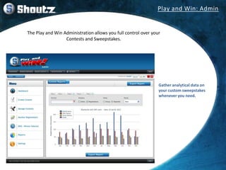 Gather analytical data on
your custom sweepstakes
whenever you need.
The Play and Win Administration allows you full contr...