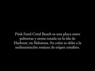Pink Sand Coral Beach es una playa entre palmeras y arena rosada en la isla de Harbour, en Bahamas. Su color se debe a la sedimentación rosácea de origen coralino. 