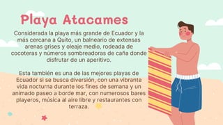 Playa Atacames
Considerada la playa más grande de Ecuador y la
más cercana a Quito, un balneario de extensas
arenas grises y oleaje medio, rodeada de
cocoteras y números sombreadoras de caña donde
disfrutar de un aperitivo.
Esta también es una de las mejores playas de
Ecuador si se busca diversión, con una vibrante
vida nocturna durante los fines de semana y un
animado paseo a borde mar, con numerosos bares
playeros, música al aire libre y restaurantes con
terraza.
 