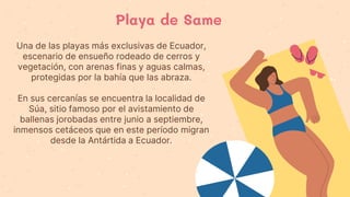 Playa de Same
Una de las playas más exclusivas de Ecuador,
escenario de ensueño rodeado de cerros y
vegetación, con arenas finas y aguas calmas,
protegidas por la bahía que las abraza.
En sus cercanías se encuentra la localidad de
Súa, sitio famoso por el avistamiento de
ballenas jorobadas entre junio a septiembre,
inmensos cetáceos que en este período migran
desde la Antártida a Ecuador.
 