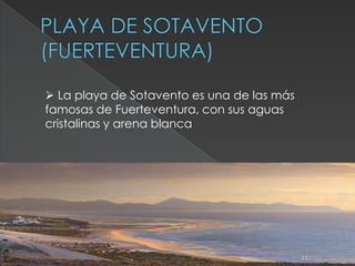  La playa de Sotavento es una de las más
famosas de Fuerteventura, con sus aguas
cristalinas y arena blanca

11

 