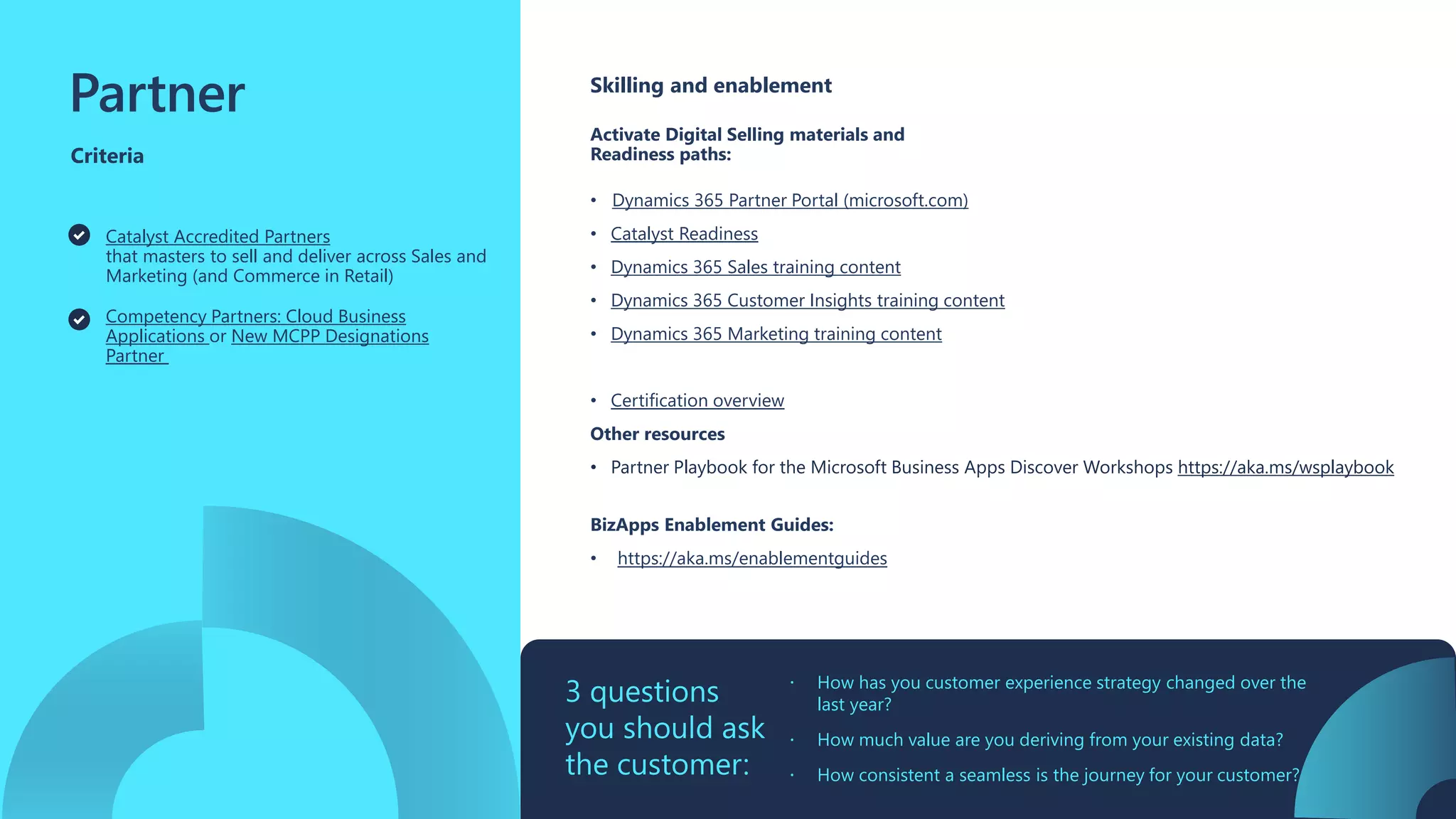 Activate Digital Selling materials and
Readiness paths:
• Dynamics 365 Partner Portal (microsoft.com)
• Catalyst Readiness
• Dynamics 365 Sales training content
• Dynamics 365 Customer Insights training content
• Dynamics 365 Marketing training content
• Certification overview
Other resources
• Partner Playbook for the Microsoft Business Apps Discover Workshops https://aka.ms/wsplaybook
BizApps Enablement Guides:
• https://aka.ms/enablementguides
Partner Skilling and enablement
3 questions
you should ask
the customer:
Catalyst Accredited Partners
that masters to sell and deliver across Sales and
Marketing (and Commerce in Retail)
Competency Partners: Cloud Business
Applications or New MCPP Designations
Partner
 How has you customer experience strategy changed over the
last year?
 How much value are you deriving from your existing data?
 How consistent a seamless is the journey for your customer?
Criteria
 