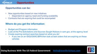 Doing Business With The US Federal Government Hello@JenniferSchaus.com
Opportunities
Opportunities can be:
• New opportunities based on new initiatives
• Dependent on agency need and funding availability
• Contracts that are expiring that could be recompeted
Where do you get the information:
• Budget and Program information
• Look at the Pre-Solicitations and Sources Sought Notices in sam.gov, at the agency level
• Create expiring contract searches based on what you do!
• If you are on an IDIQ/GWAC/BPA then look at task orders that are expiring on these
vehicles
 