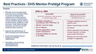 Additional information can be found at: www.dhs.gov/mentor-protege-program
Best Practices - DHS Mentor-Protégé Program
• Protégé’s eligibility in
accordance with FAR Part 19
• Mentor must be large
• No JV feature
• Online application; open-
ended submission
• Unlimited MPAs for mentor
or protégé
DHS vs. SBA
DHS MPP
68 FR 67871, December 4, 2003 amended as
71 FR 25775, May 2, 2006
• Protégé’s eligibility based on
NAICS Code
• Mentor may be large or small
• JV feature
• Online application and training
module required; currently
open-ended submission
• Mentors (no more than three
protégé’s in aggregate)
SBAAll Small MPP
Small Business Jobs Act 2010
and NDAA 2013 (FY13)
Purpose:
• Motivate and encourage large
business prime contractor firms
to provide developmental
assistance to small business,
veteran-owned small business,
service-disabled veteran-owned
small business, HUBZone small
business, small disadvantaged
business, and women-owned
small business concerns
• Improve the performance of
DHS contracts and subcontracts
• Foster the establishment of
long-term business
relationships
• Strengthen subcontracting
opportunities and
accomplishments
64 | Office of Small & Disadvantaged Business Utilization
 