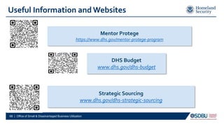 Useful Information and Websites
Mentor Protege
https://www.dhs.gov/mentor-protege-program
DHS Budget
www.dhs.gov/dhs-budget
Strategic Sourcing
www.dhs.gov/dhs-strategic-sourcing
68 | Office of Small & Disadvantaged Business Utilization
 