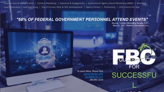 YOUR SOURCE
FOR
SUCCESSFU
L
To Learn More, Please Visit
WWW.FBCINC.COM
david@fbcinc.com
240-841-2210
Face-To-Face & Virtual Events | Content Marketing | Exposure & Engagement | Government Agency Based Marketing (ABM) | Branding
Lead Generation / Lead Nurturing | Top of Funnel, MQL & SQL Development | Agency Driven | Positioning | 150+ Events Per Year
"68% OF FEDERAL GOVERNMENT PERSONNEL ATTEND EVENTS"
Source: Content Marketing Review 2021,
May 20, 2021, Market Connections, Inc.
 