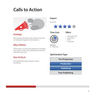 Calls to Action
Impact
4 out of 5

Strategy:

Time Cost

•	
•	
•	
•	

Direct viewers during the video to take actions that
can help build engagement and audience.

Why It Works:
Online video is an interactive experience. Prompting
your viewers to take action will help them feel more
invested in your work.

How To Do It:
Accomplished through production and/or
annotations.

Effect
Annotation CTR
Subscribers
Views
Comments

Minimal:
0 – 5 Minutes

Optimization Type
Pre-Production
Production
Publishing
Post-Publishing

9

 