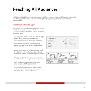 Reaching All Audiences
YouTube is a global platform - your audience can watch from anywhere in the world. Take extra steps to help
your videos appeal to broader audiences, including foreign language speakers and viewers who are
hard-of-hearing.

Create Content with Global Appeal
Your content may already have global appeal (Check
YouTube Analytics), but consider whether there may
be an opportunity to adapt it and expand on interest
around the world.
•	 Use Analytics to find out where your channel might
already be attracting an audience. Focus
internationalization efforts on those languages.
•	 Appeal to new audiences. Animation, dance,
animals or strong visuals without dialogue have
cross-cultural appeal.
•	 Identify and program for local and regional trends
as well as tent-pole events. Make your metadata
multilingual and add subtitles during these events.
•	 Consider launching your content on a separate
channel targeting new regions or language groups.
•	 Invite speakers of other languages to create
voice-overs or audio for your content.
•	 Find other channels around the world that are
similar to yours, and collaborate or cross-promote
with them, if your content will translate.

49

 