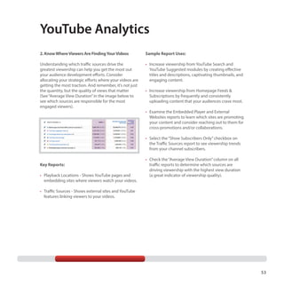 YouTube Analytics
2. Know Where Viewers Are Finding Your Videos

Sample Report Uses:

Understanding which traffic sources drive the
greatest viewership can help you get the most out
your audience development efforts. Consider
allocating your strategic efforts where your videos are
getting the most traction. And remember, it’s not just
the quantity, but the quality of views that matter
(See “Average View Duration” in the image below to
see which sources are responsible for the most
engaged viewers).

•	 Increase viewership from YouTube Search and
YouTube Suggested modules by creating effective
titles and descriptions, captivating thumbnails, and
engaging content.
•	 Increase viewership from Homepage Feeds &
Subscriptions by frequently and consistently
uploading content that your audiences crave most.
•	 Examine the Embedded Player and External
Websites reports to learn which sites are promoting
your content and consider reaching out to them for
cross-promotions and/or collaborations.
•	 Select the “Show Subscribers Only” checkbox on
the Traffic Sources report to see viewership trends
from your channel subscribers.

Key Reports:
•	 Playback Locations - Shows YouTube pages and
embedding sites where viewers watch your videos.

•	 Check the “Average View Duration” column on all
traffic reports to determine which sources are
driving viewership with the highest view duration
(a great indicator of viewership quality).

•	 Traffic Sources - Shows external sites and YouTube
features linking viewers to your videos.

53

 
