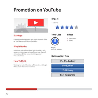 Promotion on YouTube
Impact
4 out of 5

Strategy:

Time Cost

•	 Subscribers
•	 Views

Create promotional videos and pay to promote these
on YouTube using AdWords for video.

Why It Works:
Promoting your videos allows you to connect with
audiences that might not have found your channel
otherwise and helps convert existing viewers
into subscribers.

How To Do It:
Create great ads with a clear call-to-action and target
these ads to the correct audience.

Effect

Major:
Full Day or More

Optimization Type
Pre-Production
Production
Publishing
Post-Publishing

76

 