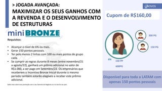 MAXIMIZAR OS SEUS GANHOS COM
A REVENDA E O DESENVOLVIMENTO
DE ESTRUTURAS
Requisitos:
• Alcançar o nível de 6% ou mais.
• Gerar 150 pontos pessoais.
• Ter pelo menos 2 linhas com 100 ou mais pontos de grupo
cada.
• Se cumprir as regras durante 8 meses (entre novembro/21
a agosto/22), ganhará um prêmio adicional no valor de
R$1.000, a ser pago em Setembro/22. Os empresários que
receberem o Incentivo Bronze Inicial durante o mesmo
período também estarão elegíveis a receber este prêmio
adicional.
Saiba mais sobre esta promoção com o seu Gerente de Negócios ou no site do seu país.
Cupom de R$160,00
Disponível para toda a LATAM com
apenas 150 pontos pessoais
150 PG
150 PP
600PG
6%
300 PG
6%
> JOGADA AVANÇADA: NOVOS
 