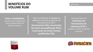 BENEFÍCIOS DO
VOLUME RUBI
Maior rentabilidade
mensal no seu negócio por
meio do Bônus Rubi do
Plano de Ganhos
Maior possibilidade de alcançar as
metas dos diferentes programas de
Recompensas de 2022:
Desempenho Elite, Incremento
de meses de qualificação (PQ) e
Incremento de linhas frontais
qualificadas (FQ).
Você participará do
Seminário de
Treinamento de
Liderança (LTS) se
também cumprir os demais
requisitos
Líderes
 