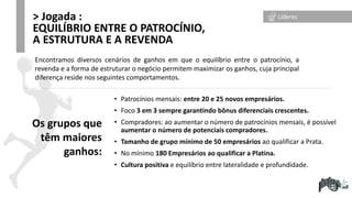• Patrocínios mensais: entre 20 e 25 novos empresários.
• Foco 3 em 3 sempre garantindo bônus diferenciais crescentes.
• Compradores: ao aumentar o número de patrocínios mensais, é possível
aumentar o número de potenciais compradores.
• Tamanho de grupo mínimo de 50 empresários ao qualificar a Prata.
• No mínimo 180 Empresários ao qualificar a Platina.
• Cultura positiva e equilíbrio entre lateralidade e profundidade.
Encontramos diversos cenários de ganhos em que o equilíbrio entre o patrocínio, a
revenda e a forma de estruturar o negócio permitem maximizar os ganhos, cuja principal
diferença reside nos seguintes comportamentos.
> Jogada :
EQUILÍBRIO ENTRE O PATROCÍNIO,
A ESTRUTURA E A REVENDA
Os grupos que
têm maiores
ganhos:
Líderes
 