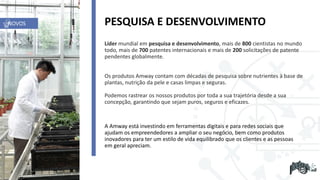 Líder mundial em pesquisa e desenvolvimento, mais de 800 cientistas no mundo
todo, mais de 700 patentes internacionais e mais de 200 solicitações de patente
pendentes globalmente.
Os produtos Amway contam com décadas de pesquisa sobre nutrientes à base de
plantas, nutrição da pele e casas limpas e seguras.
Podemos rastrear os nossos produtos por toda a sua trajetória desde a sua
concepção, garantindo que sejam puros, seguros e eficazes.
PESQUISA E DESENVOLVIMENTO
A Amway está investindo em ferramentas digitais e para redes sociais que
ajudam os empreendedores a ampliar o seu negócio, bem como produtos
inovadores para ter um estilo de vida equilibrado que os clientes e as pessoas
em geral apreciam.
NOVOS
 