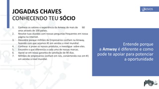 1. Conhece os valores e experiência da Amway de mais de 60
anos através de 100 países.
2. Resolve tuas dúvidas com nossas perguntas frequentes em nossa
página na internet.
3. Descobre porque milhões de Empresários confiam na Amway,
fazendo com que sejamos #1 em vendas a nível mundial.
4. Conhece e prove os nossos produtos, e investigue sobre eles.
5. Encontre o que diferencia a cada uma de nossas marcas.
6. Apoie-se em nossa garantia de satisfação de 90 dias.
7. Milhões de empresários confiam em nós, convertendo-nos em #1
em vendas a nível mundial.
JOGADAS CHAVES
CONHECENDO TEU SÓCIO
Entende porque
a Amway é diferente e como
pode te apoiar para potenciar
a oportunidade
NOVOS
 