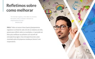 Reﬂetimos sobre
como melhorar
"Em intervalos regulares, o time reﬂete em como ﬁcar
mais efetivo, então, se ajustam e otimizam seu
comportamento de acordo."
- Manifesto Ágil
PDCA: Todos os nossos times fazem planejamentos
regulares e ao ﬁnal de cada ciclo de no máximo um mês,
param para reﬂetir sobre os resultados, e o que pode ser
feito para melhorar no próximo ciclo através de
retrospectivas ágeis. Uma retrospectivas tem como
resultado ações de pequenas mudanças (kaizen) com
responsáveis.
 