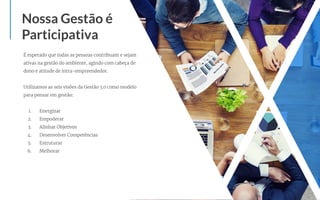 É esperado que todas as pessoas contribuam e sejam
ativas na gestão do ambiente, agindo com cabeça de
dono e atitude de intra-empreendedor.
Utilizamos as seis visões da Gestão 3.0 como modelo
para pensar em gestão:
1. Energizar
2. Empoderar
3. Alinhar Objetivos
4. Desenvolver Competências
5. Estruturar
6. Melhorar
Nossa Gestão é
Participativa
 
