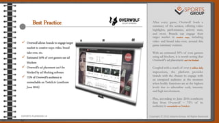 .
Best Practice .
After every game, Overwolf loads a
summary of the session, offering video
highlights, performance, activ...