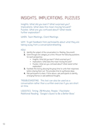 53
INSIGHTS, IMPLICATIONS, PUZZLES
Insights: What did you learn? What surprised you?
Implications: What does this mean mov...