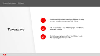 1
2
Use natural language and one or two keywords up front
to create accurate descriptions of your videos.
Title your videos in a way that sets proper expectations
and builds curiosity.
Create tags using keywords from your title and words
that accurately describe your video.
Takeaways
3
 