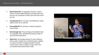 ● Brand interest lift: The aggregate increase in search
volume on brand-related keywords amongst users who
saw your ad, compared to similar users who did not see
your ad.
● Consideration lift: An increase in the likelihood a viewer
might convert into a customer.
● Favourability lift: An increase in viewer’s perception
of your brand.
● View-through rate: The percentage of completed views
of a skippable video, calculated by dividing number of
views by total impressions.
● Watch time: The average duration of users viewing of
video content, whether of an individual video or playlist,
or a specific channel or playlist specified channel,
content owner, video, or playlist. Longer watch time
is correlated with positive brand results.
 