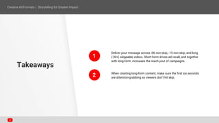 Deliver your message across :06 non-skip, :15 non-skip, and long
(:30+) skippable videos. Short-form drives ad recall, and together
with long-form, increases the reach your of campaigns.
When creating long-form content, make sure the first six seconds
are attention-grabbing so viewers don’t hit skip.
Takeaways
1
2
 