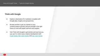 Think with Google
● Explore a destination for marketers complete with
Google data, insights and perspectives.
● Browse articles to get you started on your
content-creation journey, and put yourself in the right
frame of mind with expert opinions and insights.
● Visit Think with Google to get started, and see how you
can use it to inform your creative development with
Food Trends, Skin Care Trends, and Hair Care Trends.
 