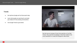 Trends
● Get real-time Google and YouTube search data.
● Learn what people are searching for and tailor
your videos to fit into existing conversations.
● Visit Google Trends to get started.
Axe Hair saw an increase of men's hair searches on YouTube
Trends. They used their knowledge of what their audience was
most interested in to create the Instagroom video series.
 