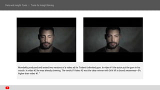 Mondelēz produced and tested two versions of a video ad for Trident Unlimited gum. In video #1 the actor put the gum in his
mouth. In video #2 he was already chewing. The verdict? Video #2 was the clear winner with 36% lift in brand awareness—5%
higher than video #1.7
 