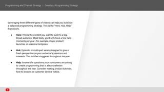 Leveraging three different types of videos can help you build out
a balanced programming strategy. This is the “Hero, Hub, Help”
framework.
● Hero: This is the content you want to push to a big,
broad audience. Most likely, you’ll only have a few hero
moments per year—for example, major product
launches or seasonal tentpoles.
● Hub: Episodic or multi-part series designed to give a
fresh perspective on your audience’s passions and
interests. This is often staggered throughout the year.
● Help: Answer the questions your consumers are asking
to create programming that is always relevant
throughout the year. Consider making product tutorials,
how-to lessons or customer service videos.
 