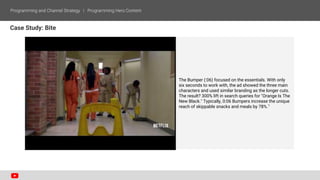 Case Study: Bite
The Bumper (:06) focused on the essentials. With only
six seconds to work with, the ad showed the three main
characters and used similar branding as the longer cuts.
The result? 300% lift in search queries for "Orange Is The
New Black." Typically, 0:06 Bumpers increase the unique
reach of skippable snacks and meals by 78%.1
 