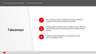 Use consistency of format, schedule and production elements
to give your Hub content a cohesive look and feel.
Sustaining video consistency over time takes resources. Make sure
you know what you need—and have access to it—before you start
creating.
Cultivate a sense of expectation in your audience to keep
them coming back for more.
Takeaways
1
2
3
 