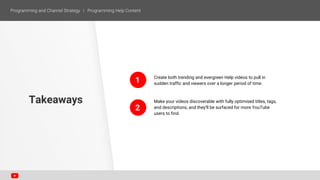 Create both trending and evergreen Help videos to pull in
sudden traffic and viewers over a longer period of time.
Make your videos discoverable with fully optimised titles, tags,
and descriptions, and they’ll be surfaced for more YouTube
users to find.
Takeaways
1
2
 