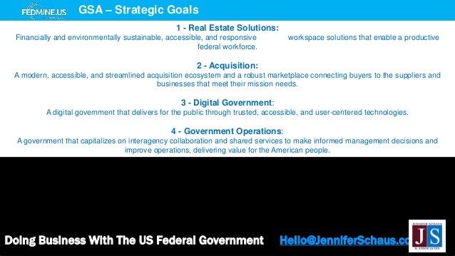 Doing Business With The US Federal Government Hello@JenniferSchaus.com
GSA – Strategic Goals
1 - Real Estate Solutions:
Financially and environmentally sustainable, accessible, and responsive workspace solutions that enable a productive
federal workforce.
2 - Acquisition:
A modern, accessible, and streamlined acquisition ecosystem and a robust marketplace connecting buyers to the suppliers and
businesses that meet their mission needs.
3 - Digital Government:
A digital government that delivers for the public through trusted, accessible, and user-centered technologies.
4 - Government Operations:
A government that capitalizes on interagency collaboration and shared services to make informed management decisions and
improve operations, delivering value for the American people.
 