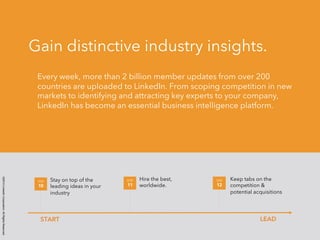 ©2014 LinkedIn Corporation. All Rights Reserved. 
Gain distinctive industry insights. 
Every week, more than 2 billion member updates from over 200 
countries are uploaded to LinkedIn. From scoping competition in new 
markets to identifying and attracting key experts to your company, 
LinkedIn has become an essential business intelligence platform. 
Stay on top of the 
leading ideas in your 
industry 
STEP 
10 
Hire the best, 
worldwide. 
STEP 
11 
Keep tabs on the 
competition & 
potential acquisitions 
STEP 
12 
START LEAD 
 
