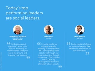 ©2014 LinkedIn Corporation. All Rights Reserved. 
Today’s top 
performing leaders 
are social leaders. 
SIR RICHARD BRANSON 
FOUNDER & CEO, 
VIRGIN GROUP 
Embracing social 
media isn’t just a bit of 
fun, it is a vital way to 
communicate, keep your 
ear to the ground and 
improve your business 
MIKE SMITH 
CEO, ANZ 
In social media our 
strategy is rapidly 
evolving. It is centered on 
ANZ participating in the 
social web through our 
organization and through 
our people. This includes 
me as CEO, my 
management team and 
ultimately all our people. 
MARK PARKER 
CEO, NIKE 
Social media is helping 
us unite and expand. We 
have never been closer to 
our consumers. 
“ 
“ 
“ 
“ 
“ “ 
 