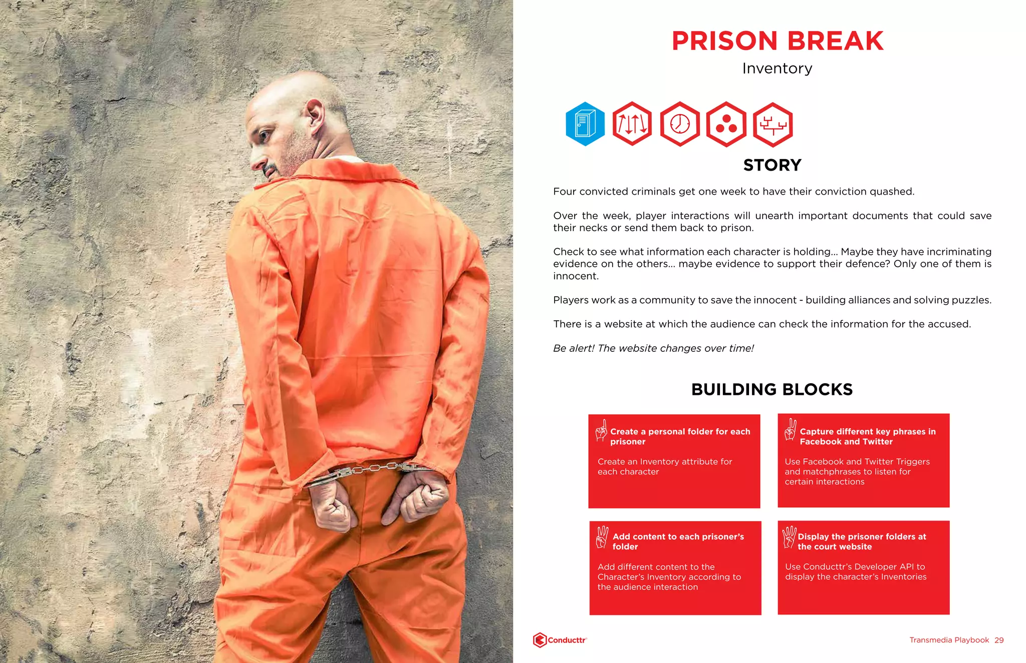 Transmedia PlaybookTM
2928
PRISON BREAK
Inventory
STORY
Four convicted criminals get one week to have their conviction quashed.
Over the week, player interactions will unearth important documents that could save
their necks or send them back to prison.
Check to see what information each character is holding... Maybe they have incriminating
evidence on the others... maybe evidence to support their defence? Only one of them is
innocent.
Players work as a community to save the innocent - building alliances and solving puzzles.
There is a website at which the audience can check the information for the accused.
Be alert! The website changes over time!
BUILDING BLOCKS
Create a personal folder for each
prisoner
Create an Inventory attribute for
each character
Add content to each prisoner’s
folder
Add different content to the
Character’s Inventory according to
the audience interaction
Capture different key phrases in
Facebook and Twitter
Use Facebook and Twitter Triggers
and matchphrases to listen for
certain interactions
Display the prisoner folders at
the court website
Use Conducttr’s Developer API to
display the character’s Inventories
 