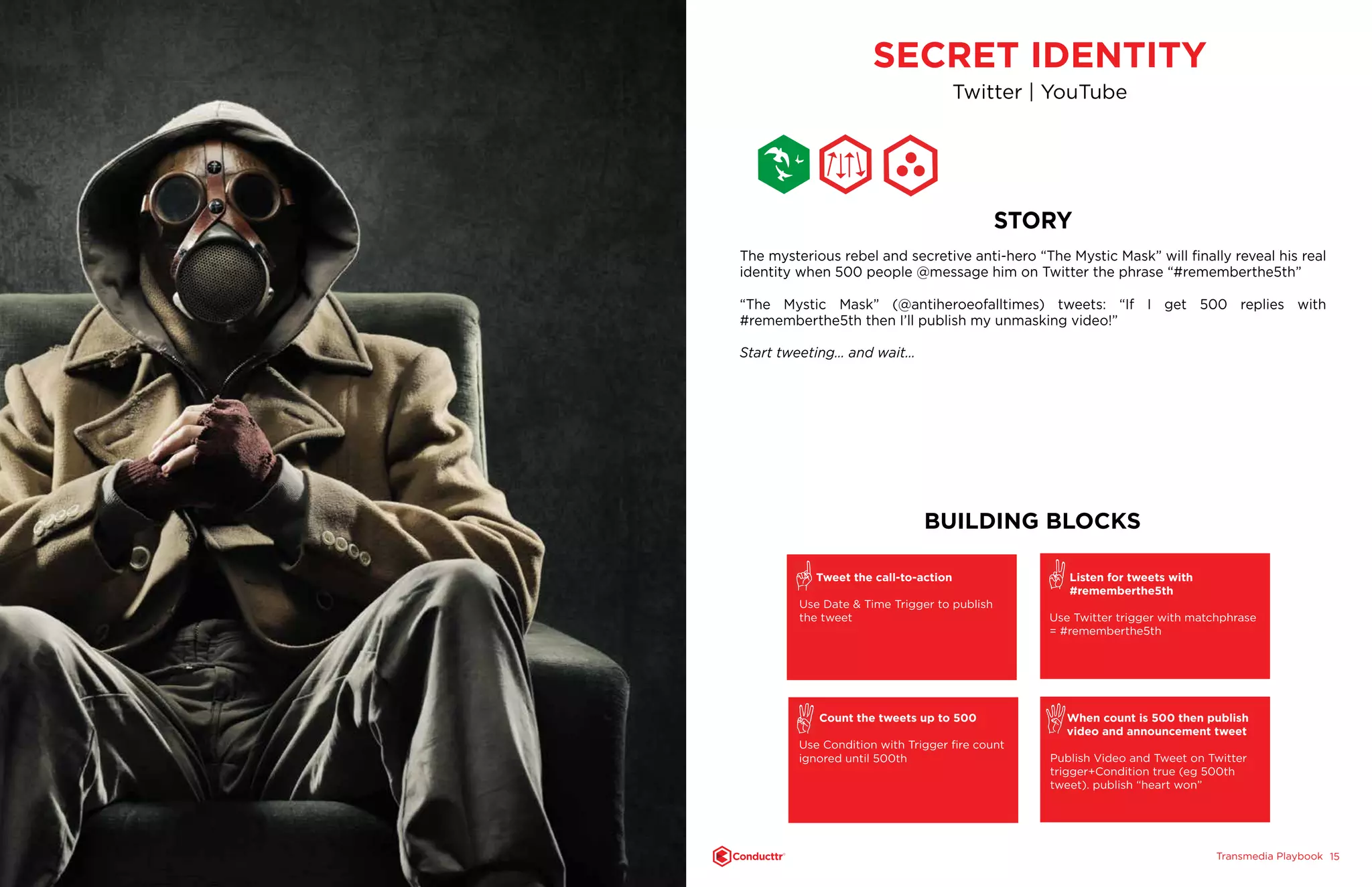 Transmedia PlaybookTM
1514
SECRET IDENTITY
Twitter | YouTube
STORY
The mysterious rebel and secretive anti-hero “The Mystic Mask” will finally reveal his real
identity when 500 people @message him on Twitter the phrase “#rememberthe5th”
“The Mystic Mask” (@antiheroeofalltimes) tweets: “If I get 500 replies with
#rememberthe5th then I’ll publish my unmasking video!”
Start tweeting… and wait…
BUILDING BLOCKS
Tweet the call-to-action
Use Date & Time Trigger to publish
the tweet
Count the tweets up to 500
Use Condition with Trigger fire count
ignored until 500th
Listen for tweets with
#rememberthe5th
Use Twitter trigger with matchphrase
= #rememberthe5th
When count is 500 then publish
video and announcement tweet
Publish Video and Tweet on Twitter
trigger+Condition true (eg 500th
tweet). publish “heart won”
 