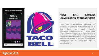 9
TACO BELL COMBINE
GAMIFICATION ET ENGAGEMENT
Taco Bell a récemment présenté un
nouveau programme de fidélité basé sur le
jeu dans son appli mobile.
L’enseigne récompense les clients pour
avoir commandé à plusieurs reprises dans le
restaurant aux tacos et d’avoir pris part aux
réseaux sociaux de la marque. Une nouvelle
conception de la fidélisation via la
gamification …
 